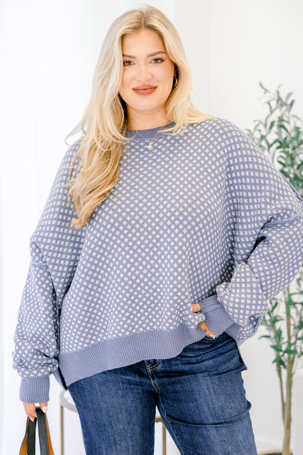 Chic Soul plus size clothing, blue and cream abstract pattern long sleeve sweater