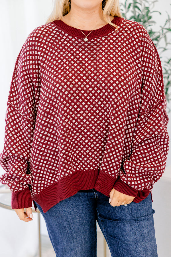 Chic Soul plus size clothing, burgundy red and cream abstract pattern long sleeve sweater