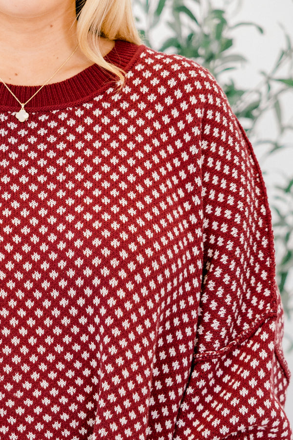 Chic Soul plus size clothing, burgundy red and cream abstract pattern long sleeve sweater