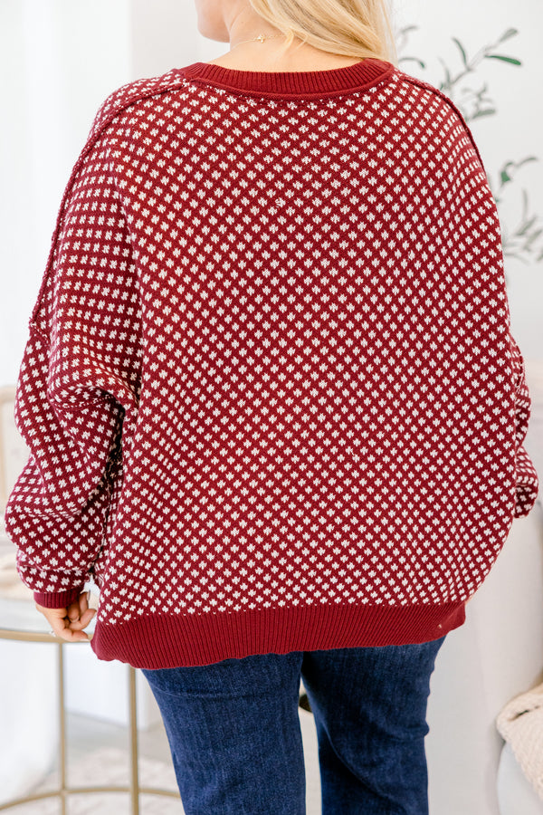 Chic Soul plus size clothing, burgundy red and cream abstract pattern long sleeve sweater
