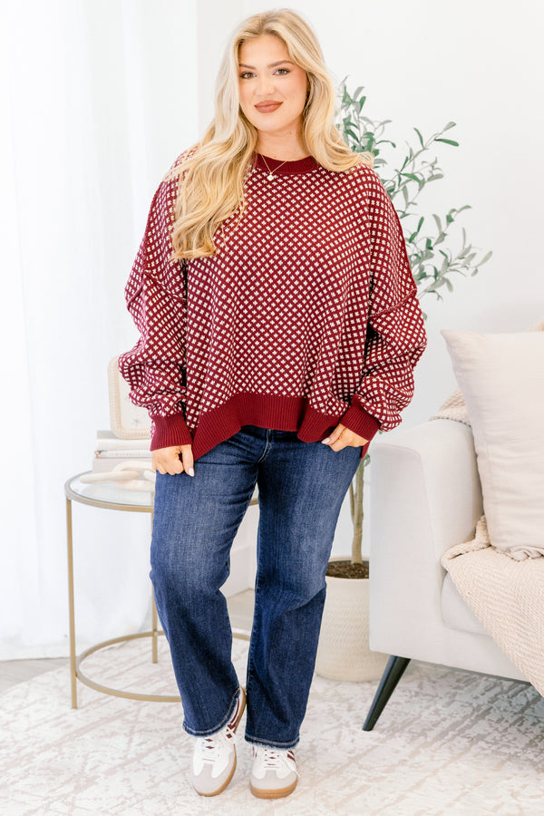 Chic Soul plus size clothing, burgundy red and cream abstract pattern long sleeve sweater
