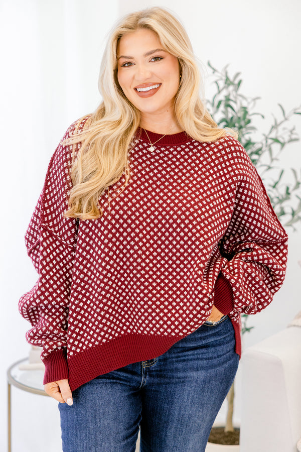 Chic Soul plus size clothing, burgundy red and cream abstract pattern long sleeve sweater