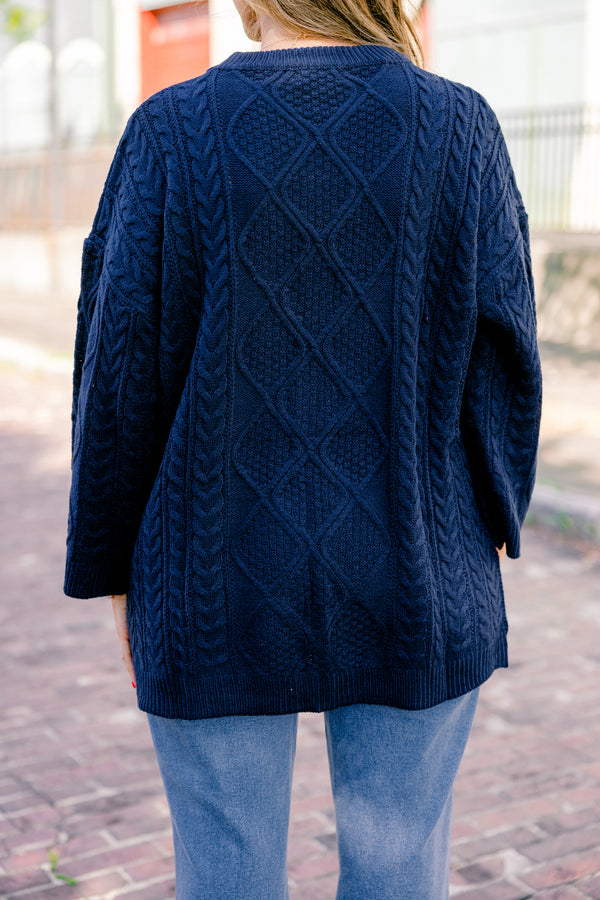 Chic Soul plus size clothing, navy long sleeve sweater with a woven braided texture