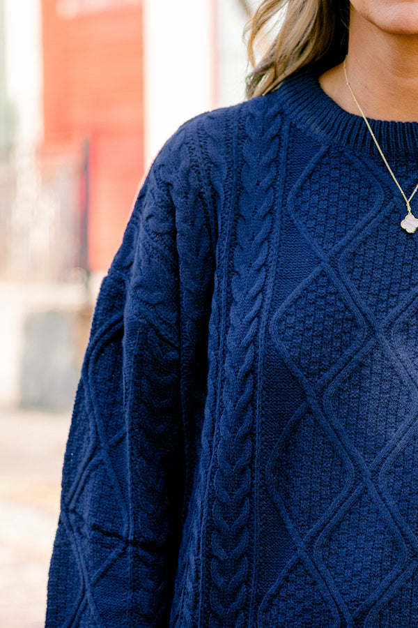 Chic Soul plus size clothing, navy long sleeve sweater with a woven braided texture