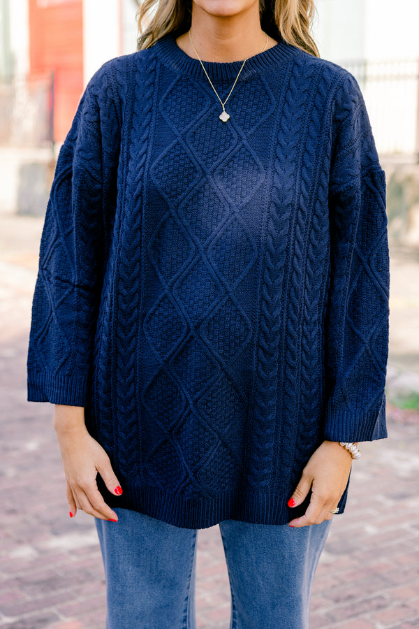 Chic Soul plus size clothing, navy long sleeve sweater with a woven braided texture