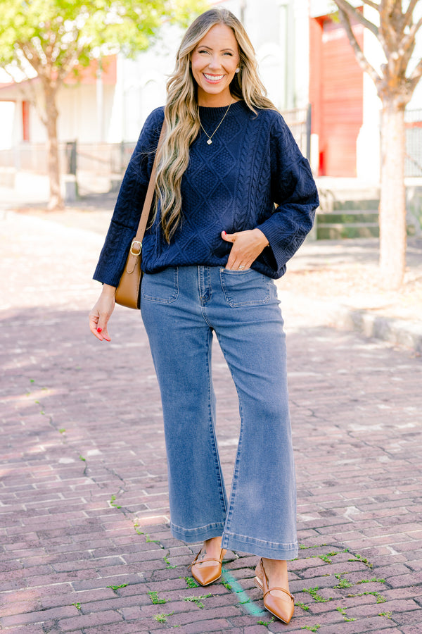 Chic Soul plus size clothing, navy long sleeve sweater with a woven braided texture