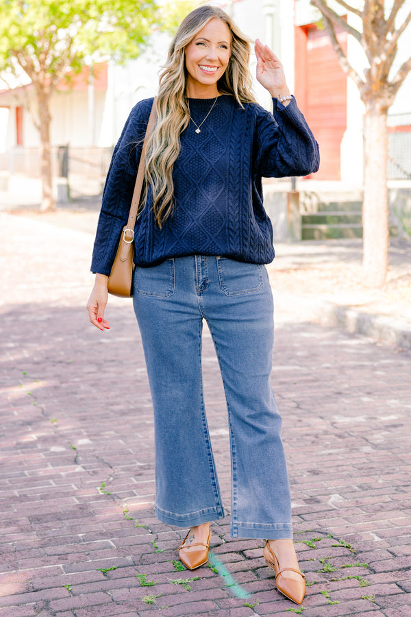 Chic Soul plus size clothing, navy long sleeve sweater with a woven braided texture
