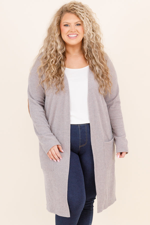 Chic Soul plus size clothing, grey cardigan with pockets and tan elbow patch design