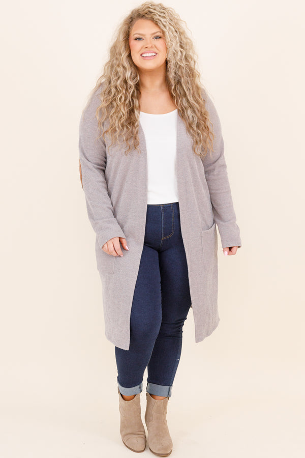 Chic Soul plus size clothing, grey cardigan with pockets and tan elbow patch design