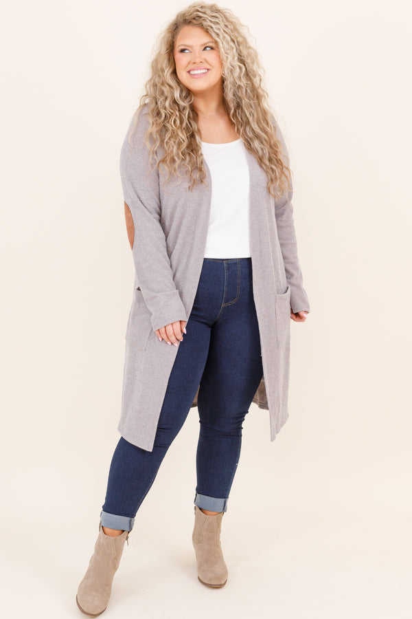 Chic Soul plus size clothing, grey cardigan with pockets and tan elbow patch design