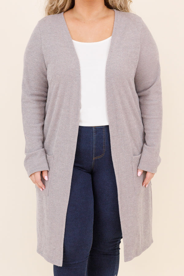 Chic Soul plus size clothing, grey cardigan with pockets and tan elbow patch design
