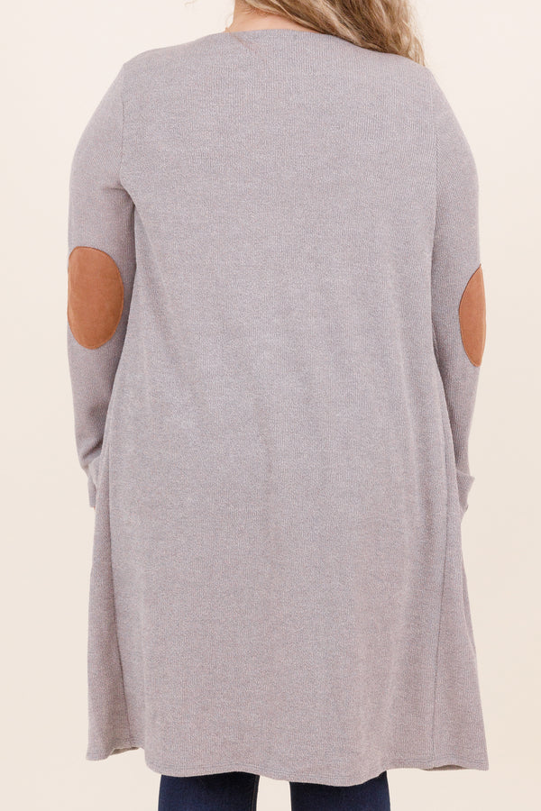 Chic Soul plus size clothing, grey cardigan with pockets and tan elbow patch design