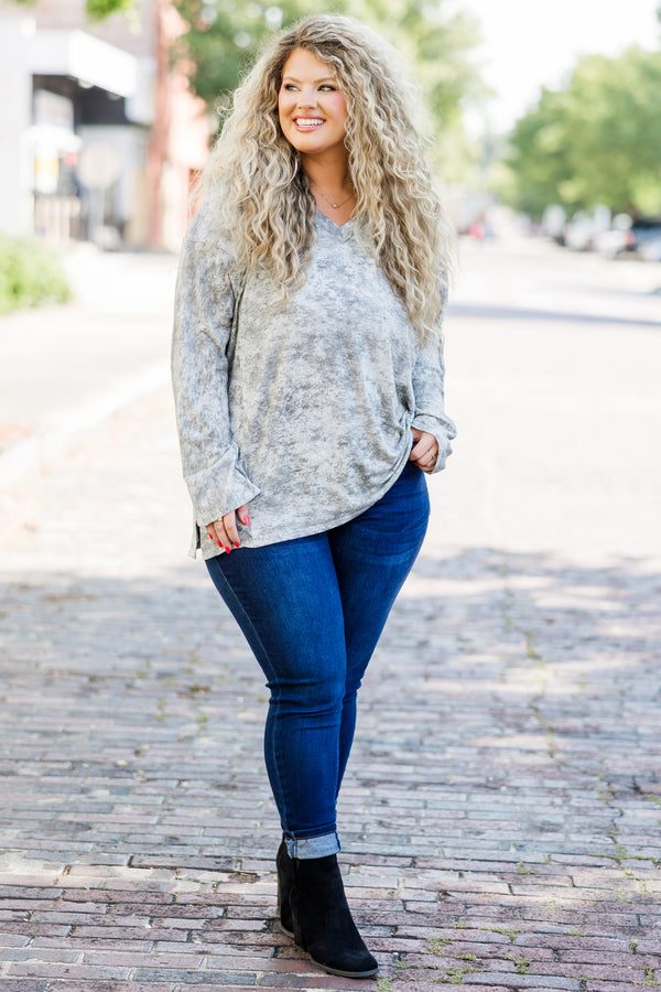 Chic Soul plus size clothing, gray acid wash long sleeve tee top with slit detail on sides with v neckline