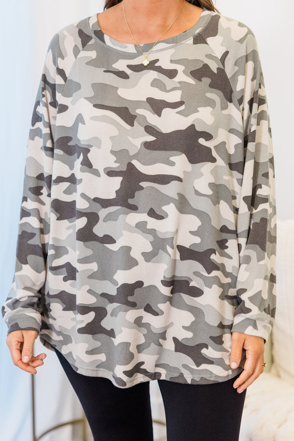 Curved Hem Slouchy Dolman Tunic, Camo Gray