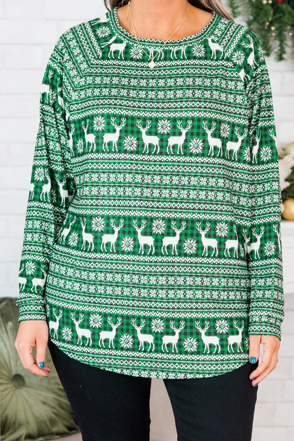 Curved Hem Slouchy Dolman Tunic, Festive Green