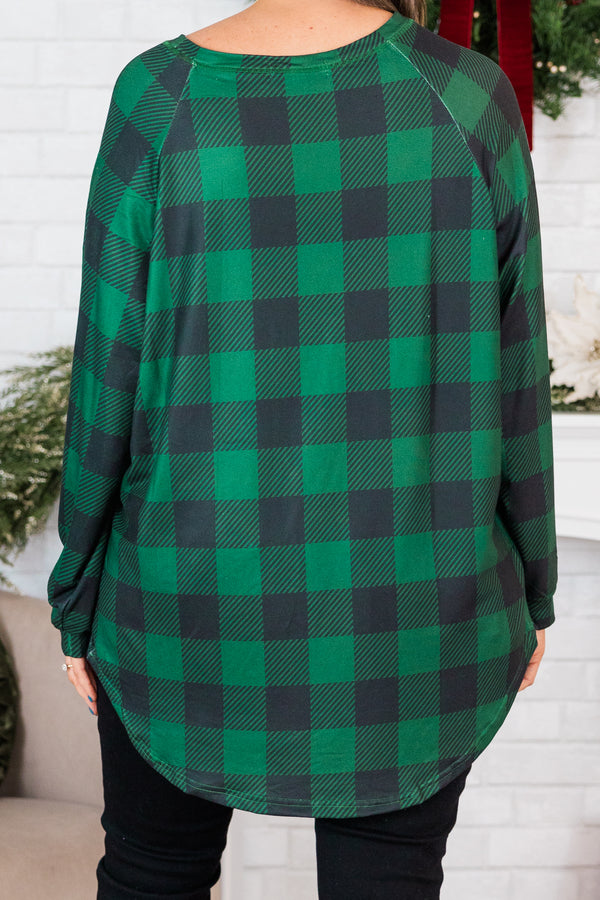Curved Hem Slouchy Dolman Tunic, Hunter Green Plaid