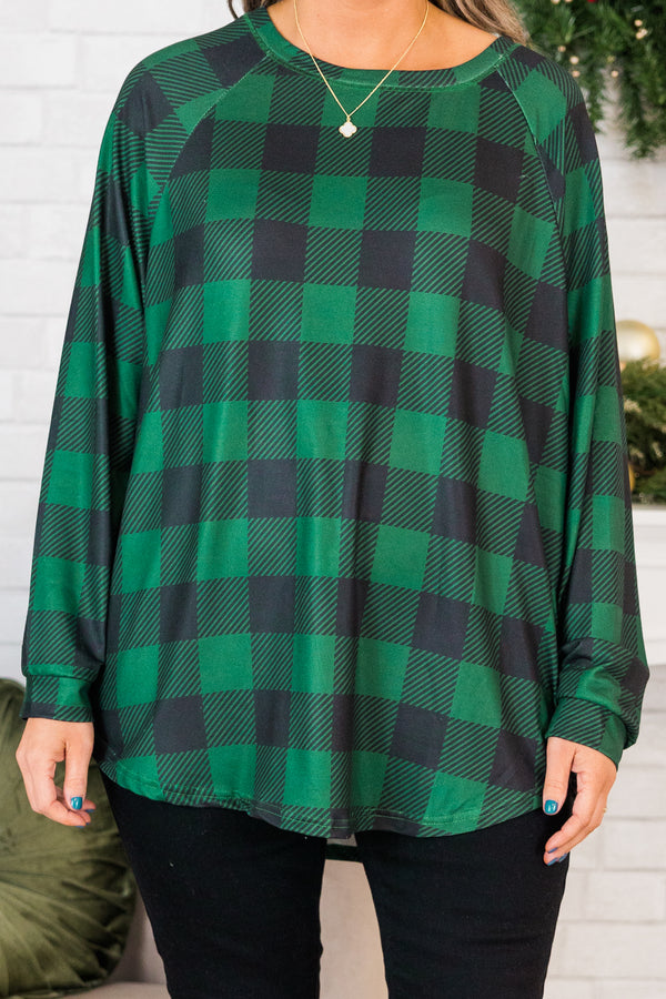 Curved Hem Slouchy Dolman Tunic, Hunter Green Plaid