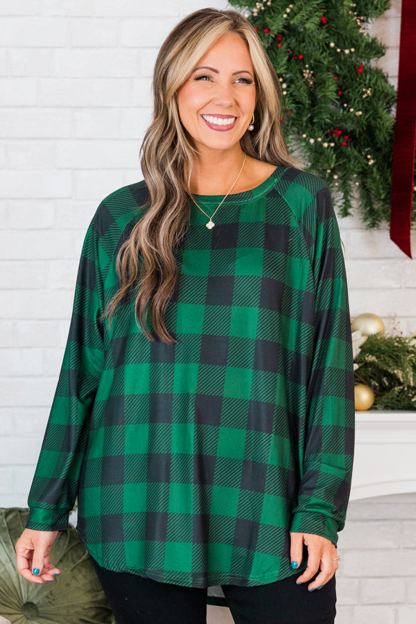 Curved Hem Slouchy Dolman Tunic, Hunter Green Plaid