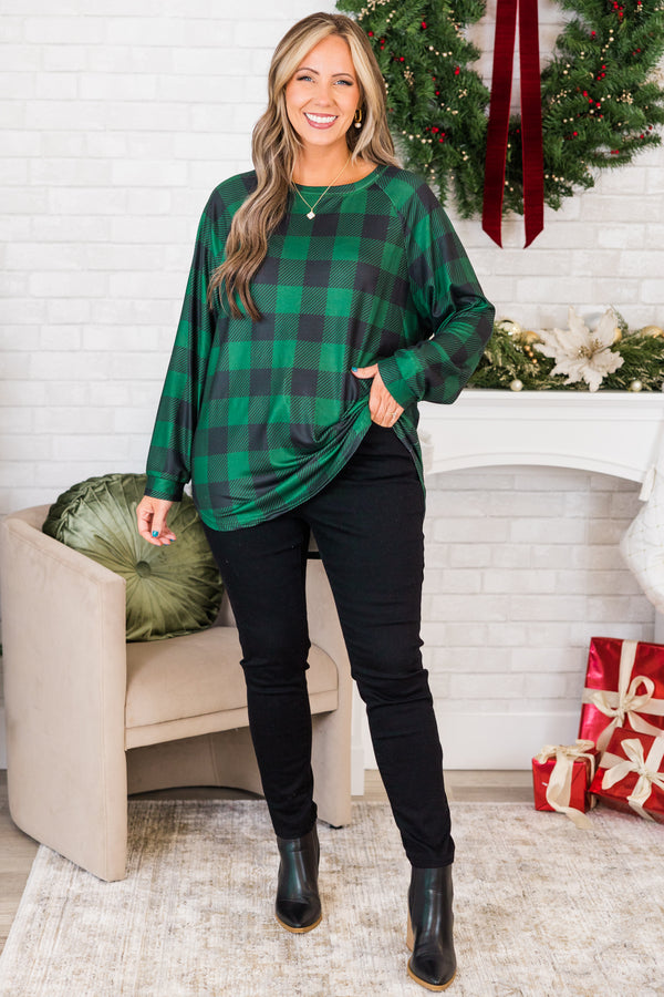Curved Hem Slouchy Dolman Tunic, Hunter Green Plaid