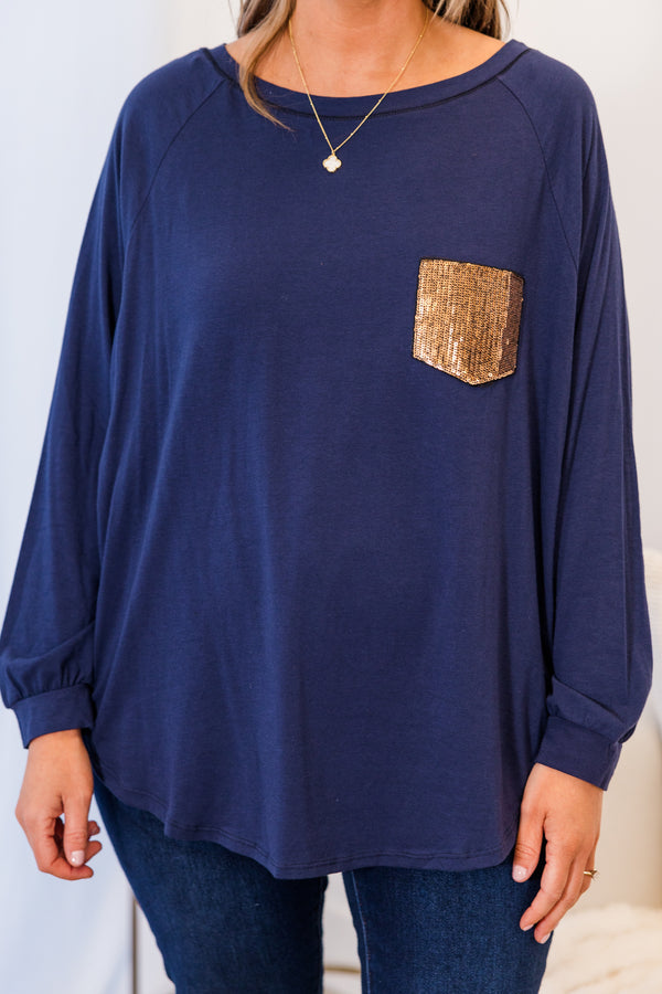 Curved Hem Slouchy Dolman Tunic, Navy Sequin