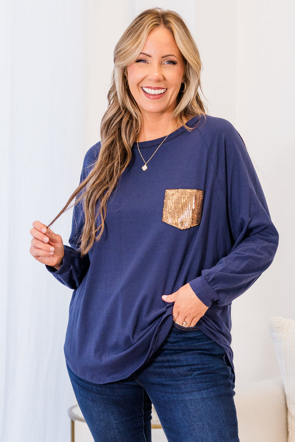 Curved Hem Slouchy Dolman Tunic, Navy Sequin