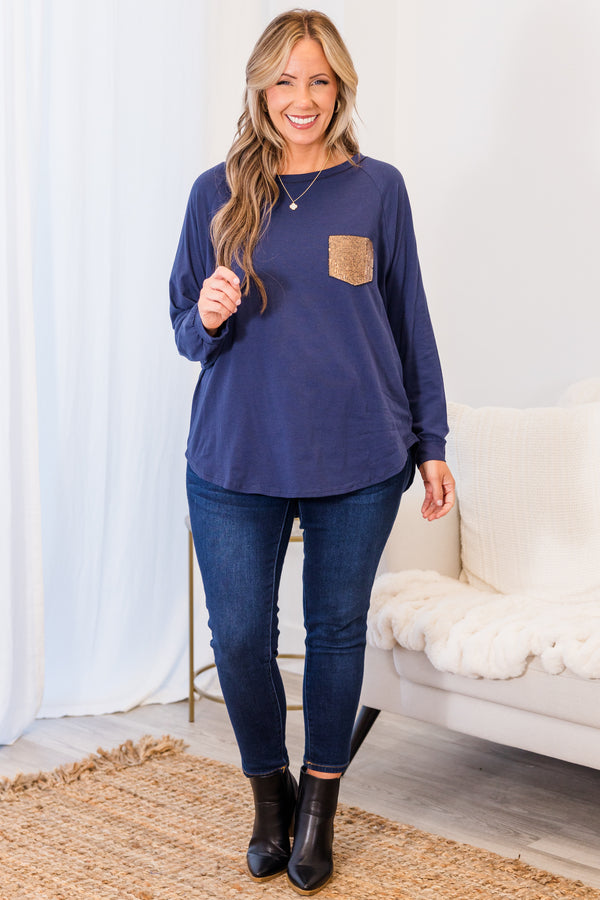 Curved Hem Slouchy Dolman Tunic, Navy Sequin