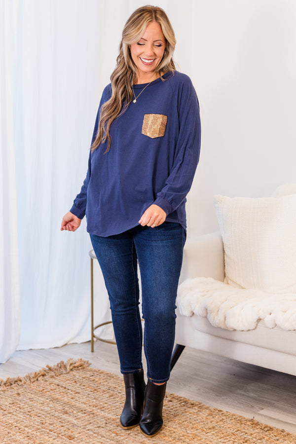 Curved Hem Slouchy Dolman Tunic, Navy Sequin