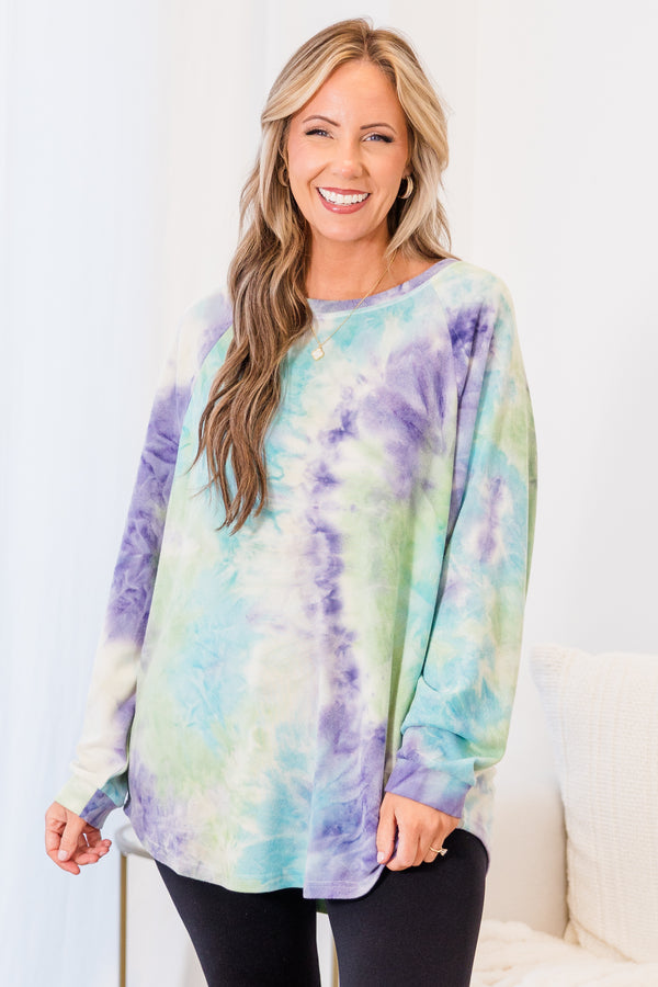 Curved Hem Slouchy Dolman Tunic, Tie Dye Purple