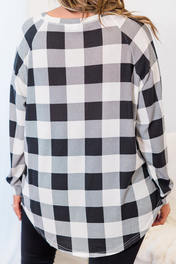 Curved Hem Slouchy Dolman Tunic, White Plaid