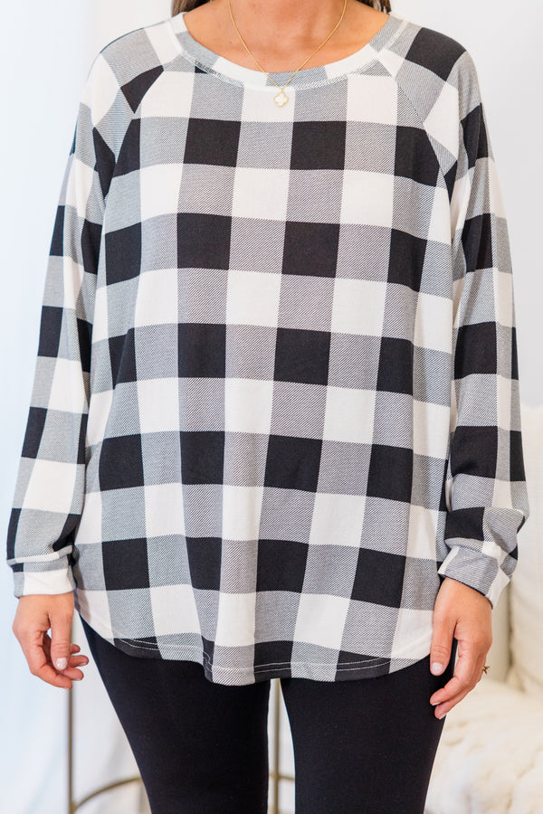Curved Hem Slouchy Dolman Tunic, White Plaid