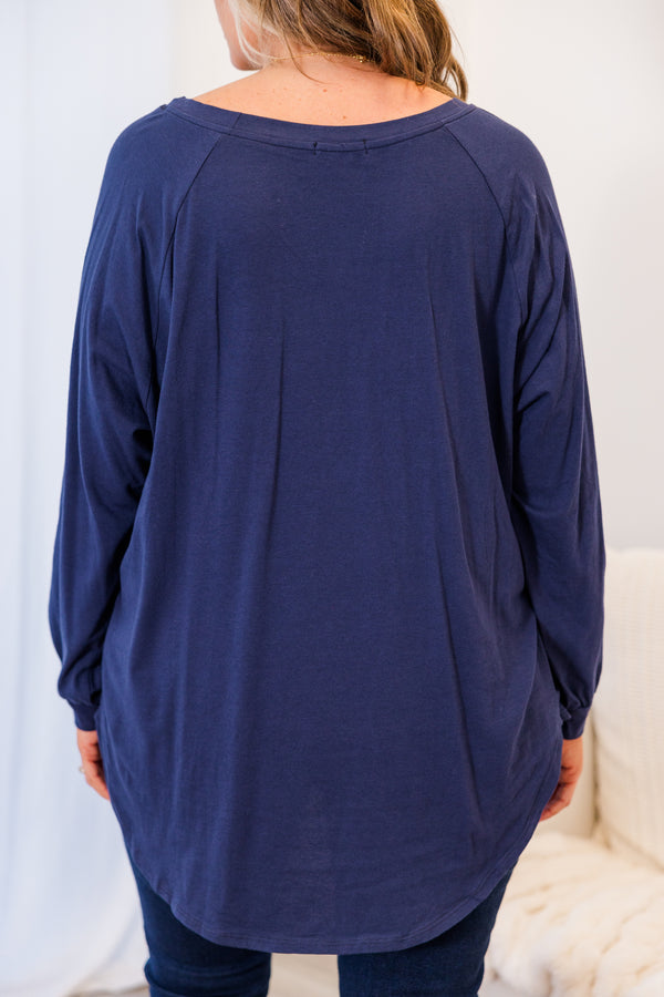 Curved Hem Slouchy Dolman Tunic, Navy Sequin
