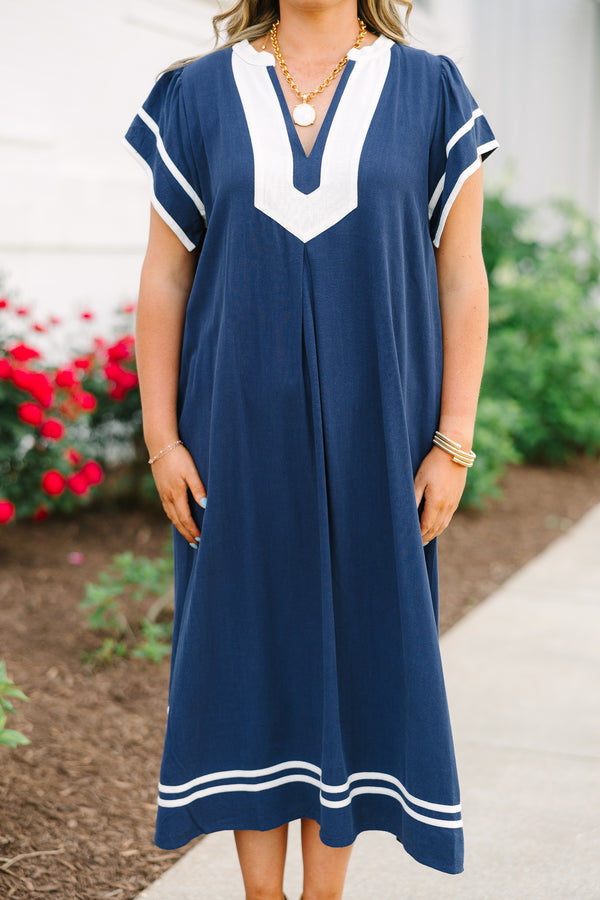 Chic Soul plus size clothing, navy midi dress with white contrast