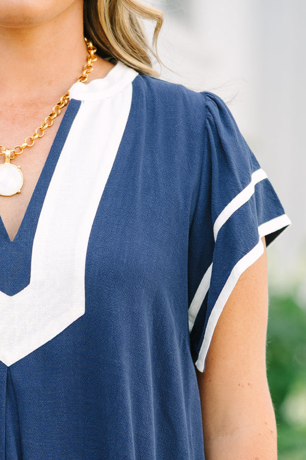 Chic Soul plus size clothing, navy midi dress with white contrast