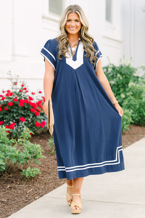 Chic Soul plus size clothing, navy midi dress with white contrast