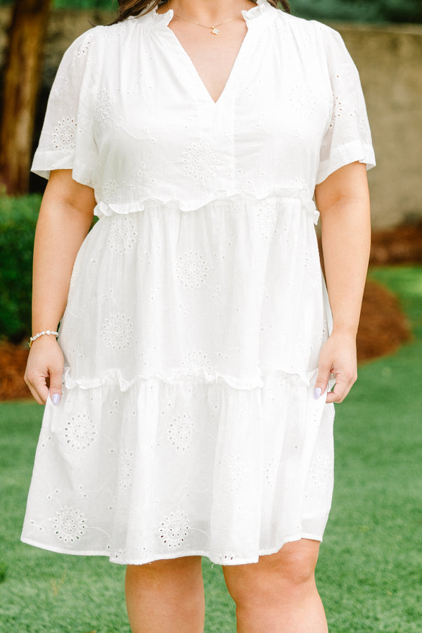 Chic Soul Plus size clothing, White embroidered babydoll dress with V-neck 