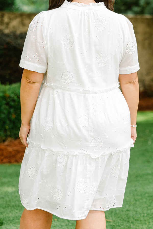 Chic Soul Plus size clothing, White embroidered babydoll dress with V-neck 