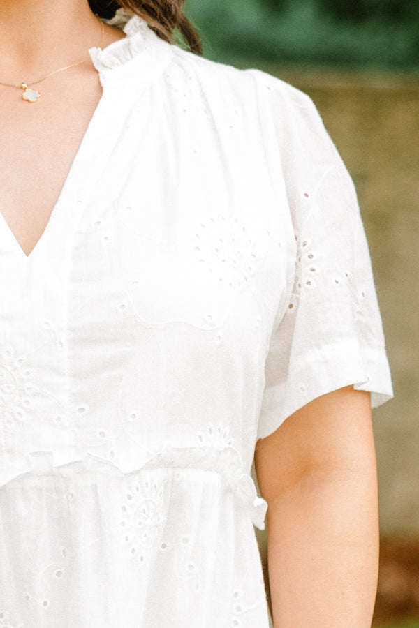Chic Soul Plus size clothing, White embroidered babydoll dress with V-neck 