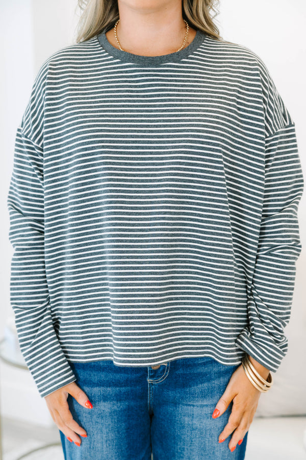 Plus Size charcoal and white horizontal striped long sleeve top with a crew neckline.
