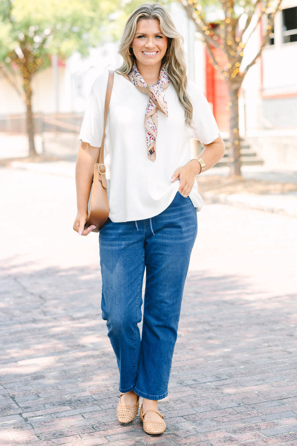 Plus Size dark wash straight-leg jeans with an elastic drawstring waistband.