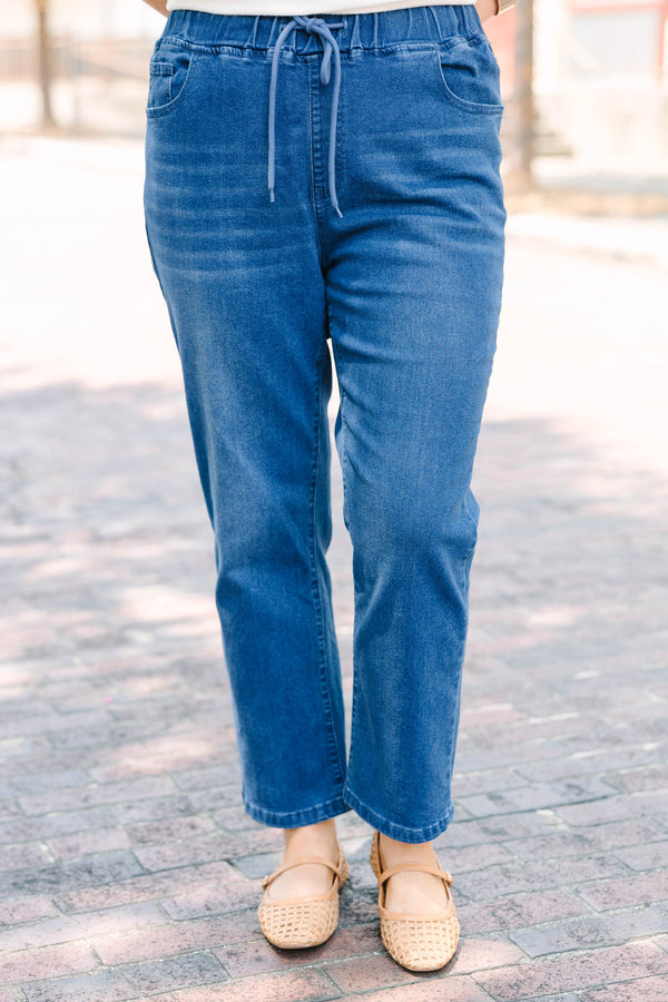 Plus Size dark wash straight-leg jeans with an elastic drawstring waistband.