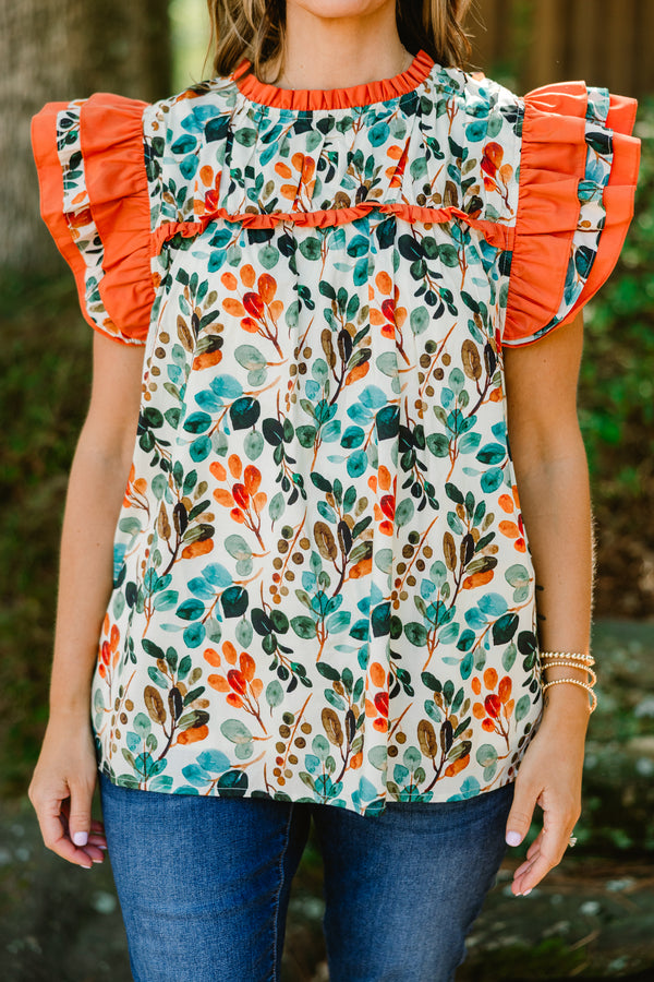 Chic Soul plus size clothing, orange floral print short flutter sleeve top