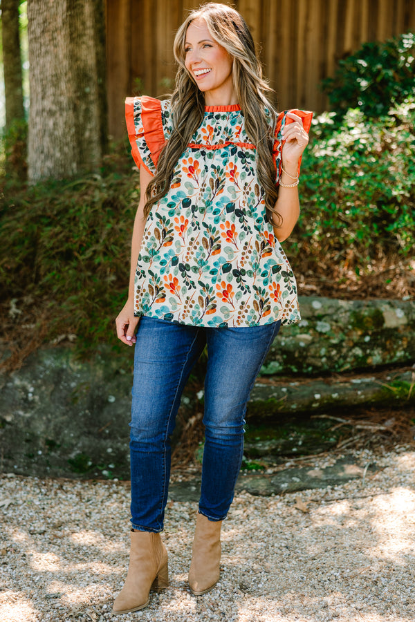 Chic Soul plus size clothing, orange floral print short flutter sleeve top