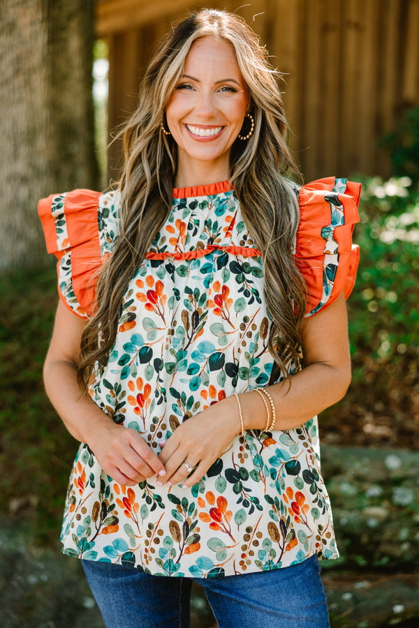 Chic Soul plus size clothing, orange floral print short flutter sleeve top