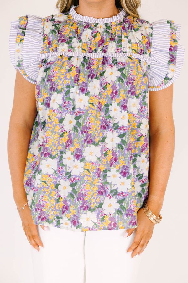 Chic Soul plus size clothing, purple floral short sleeve mock neck op with ruffle along sleeves and chest and neckline