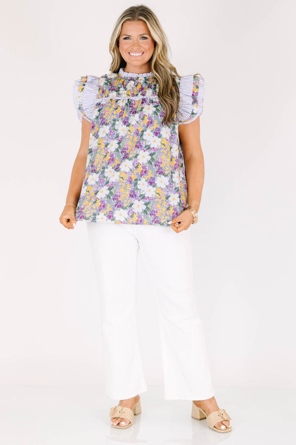 Chic Soul plus size clothing, purple floral short sleeve mock neck op with ruffle along sleeves and chest and neckline