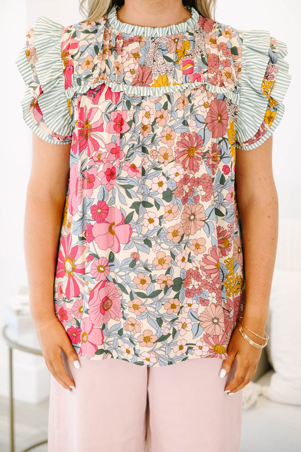 Chic Soul plus size clothing, short-flutter-sleeve pink-olive top with a smocked neckline and a floral patchwork pattern