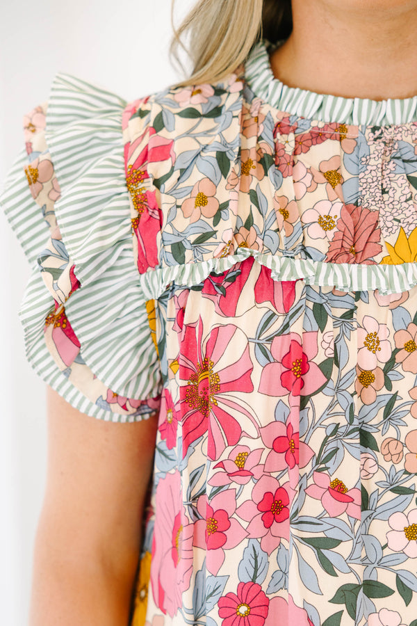 Chic Soul plus size clothing, short-flutter-sleeve pink-olive top with a smocked neckline and a floral patchwork pattern
