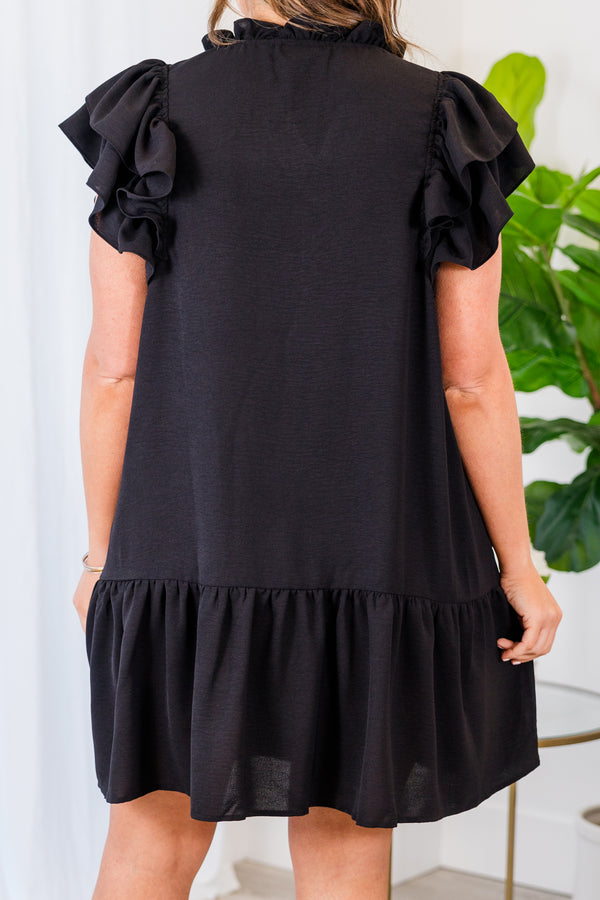Chic Soul plus size clothing, short sleeve black ruffled mini dress with v-neckline and tassels on the collar