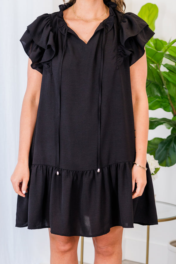 Chic Soul plus size clothing, short sleeve black ruffled mini dress with v-neckline and tassels on the collar