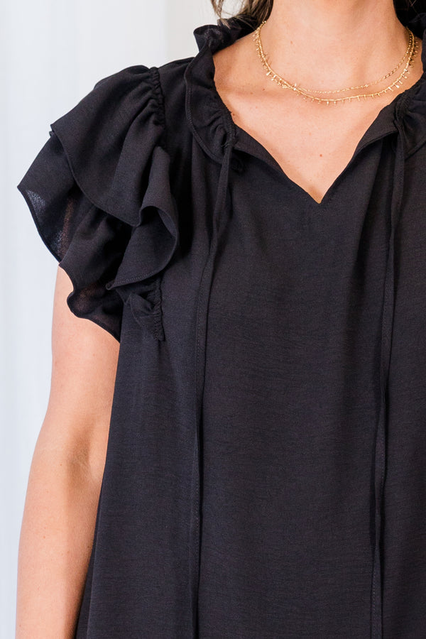 Chic Soul plus size clothing, short sleeve black ruffled mini dress with v-neckline and tassels on the collar